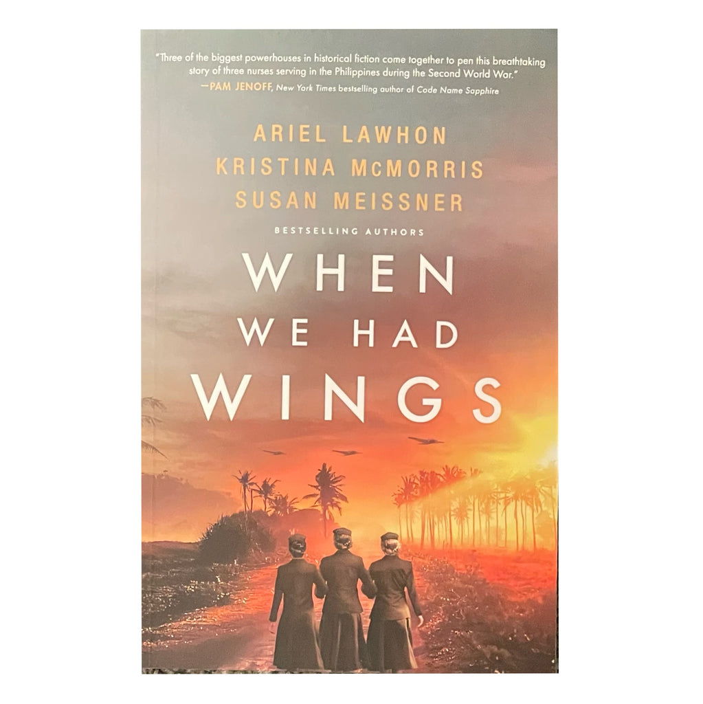 Book cover of 'When We Had Wings' with a sunset scene and three figures walking.