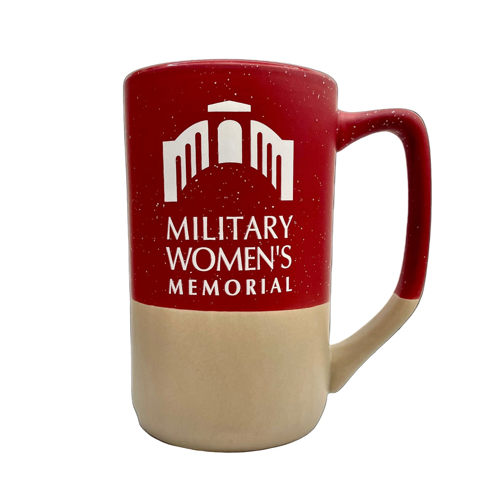 Red and beige mug with 'Military Women's Memorial' text on a white surface