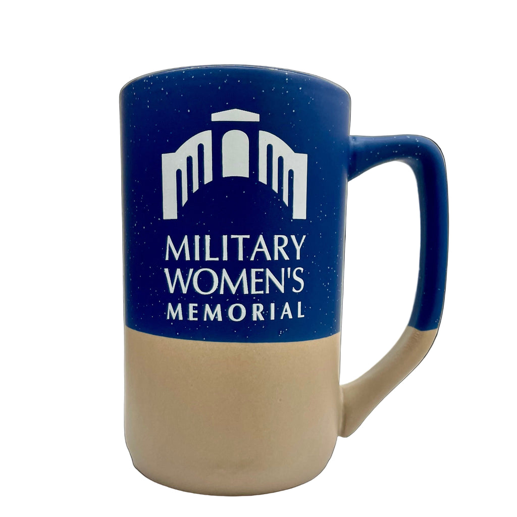 Blue and beige mug with 'Military Women's Memorial' text on a black background